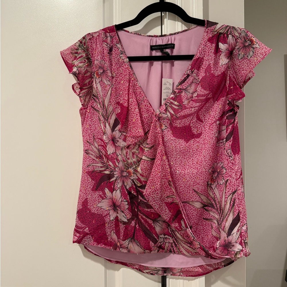 White House Black Market Pink Ruffled Wrap Blouse